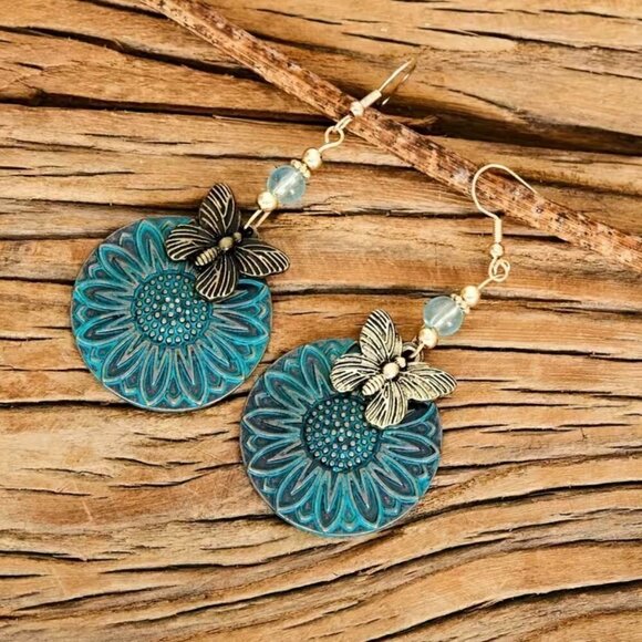 Boho Butterfly and Sunflowers Layered Earrings with Patina on French Hook #1118 - Picture 7 of 7